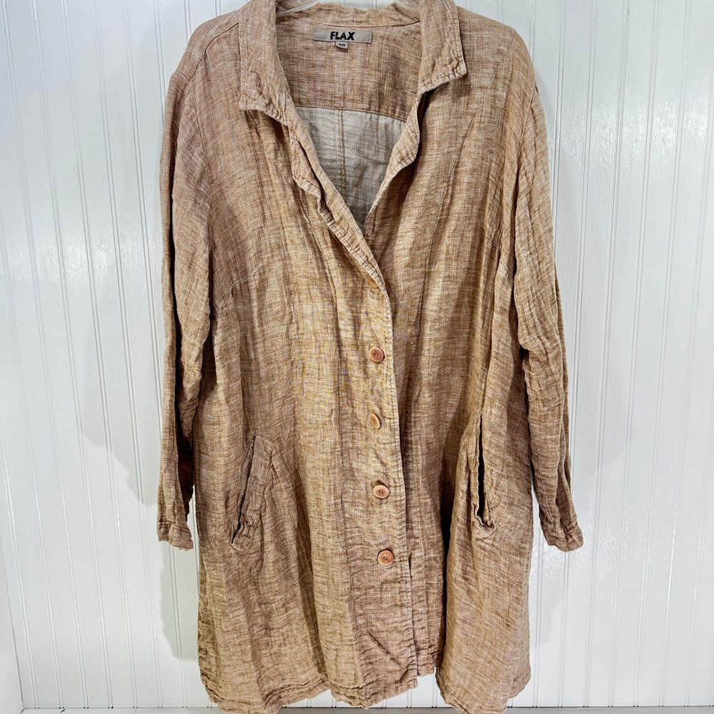 FLAX 100% Linen 2G Long Button Front Jacket Pockets Tan Lagenlook 2XL 3XL